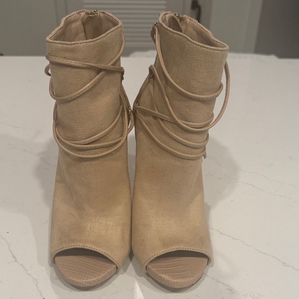 bebe Tan Peep-Toe Heeled Boots